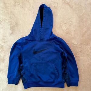 Nike Therma-Fit Boys Hoodie Blue Black Size 6 Pullover Sweatshirt Kangaroo Pocke